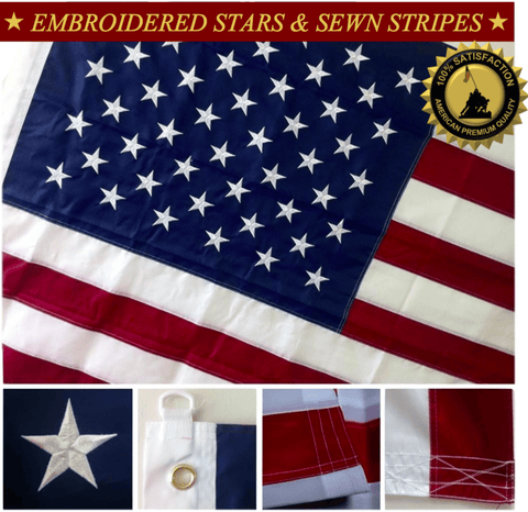 F09 US Flag Embroidered Stars and Sewn Stripes High Quality Heavy Duty USA 5'x8' Ft Nylon American Flag 210 D (Premade)