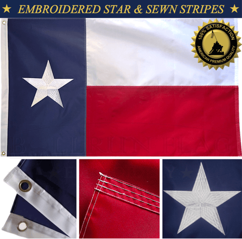 Texas State Flag 3x5 Feet Nylon Embroidered Lone Star Sewn Stripes 2 Brass Grommets American Heavy Duty Outdoor Outdoor 210 D