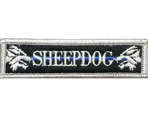 V112 Tactical Sheepdog patch sheep dog wolf Silver With Blue line 1"x3.75" Hook Fastener Backing *Made in USA - Bullrun Flag Embroidery