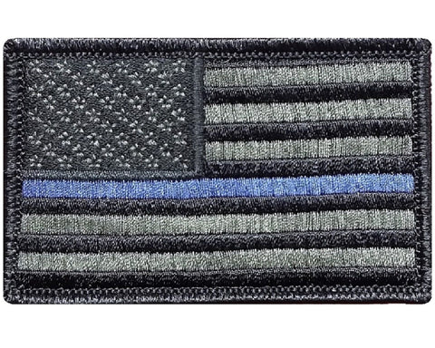 V32 Tactical Thin Blue line patch Law Enforcement Police Olive Drab USA flag 2"x3" Hook Fastener *Made in USA* - Bullrun Flag Embroidery