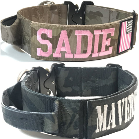 2 inch Personalized Tactical Dog Collar with handle Custom embroidered K9 Collar with USA Flag Camo Thick Service collar for Large Breed Dog