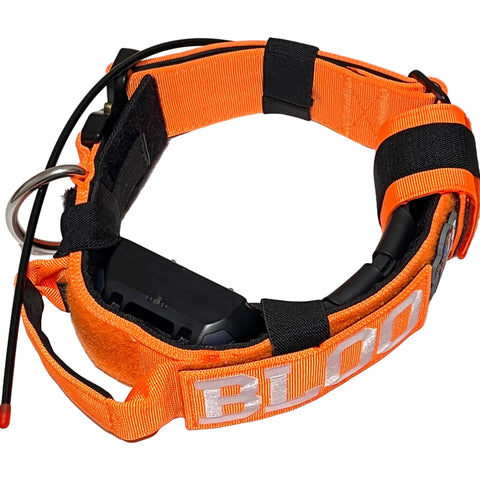 orange GPS tracking ecollar for garmin & dogtra receivers with personalized patch, handle, quick release metal buckle and airtag holder for hunting dogs