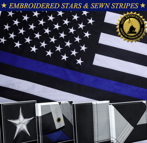 Thin Blue Line Police Flag Embroidered Stars Sewn Stripes 2 Brass Grommets 3x5 Ft American Heavy Duty Nylon Blue Lives Matter Black White 210 D