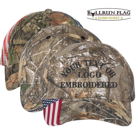 Custom Embroidered Patriotic Camouflage caps with american USA flag Sewn on visor Six Panel RealTree / Mossy Oak Camo Hats No Minimum No Setup Fee