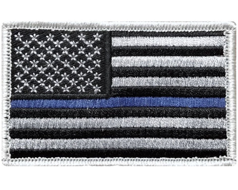 V30 Tactical Thin Blue line patch Law Enforcement Police Silver USA flag 2"x3" Hook Fastener *Made in USA* - Bullrun Flag Embroidery
