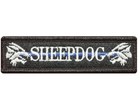 V111 Tactical SHEEPDOG patch sheep dog wolf with Blue line Black & White 1"x3.75" Hook Fastener Backing *Made in USA* - Bullrun Flag Embroidery