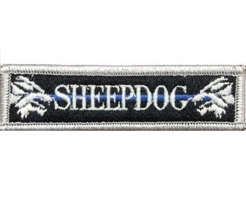 V112 Tactical Sheepdog patch sheep dog wolf Silver With Blue line 1"x3.75" Hook Fastener Backing *Made in USA - Bullrun Flag Embroidery