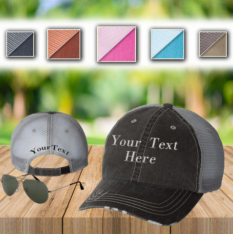 Your Text Custom Embroidered on Unstructured Mesh back Trucker Hat Personalized Word Vintage Distressed Cap No minimum
